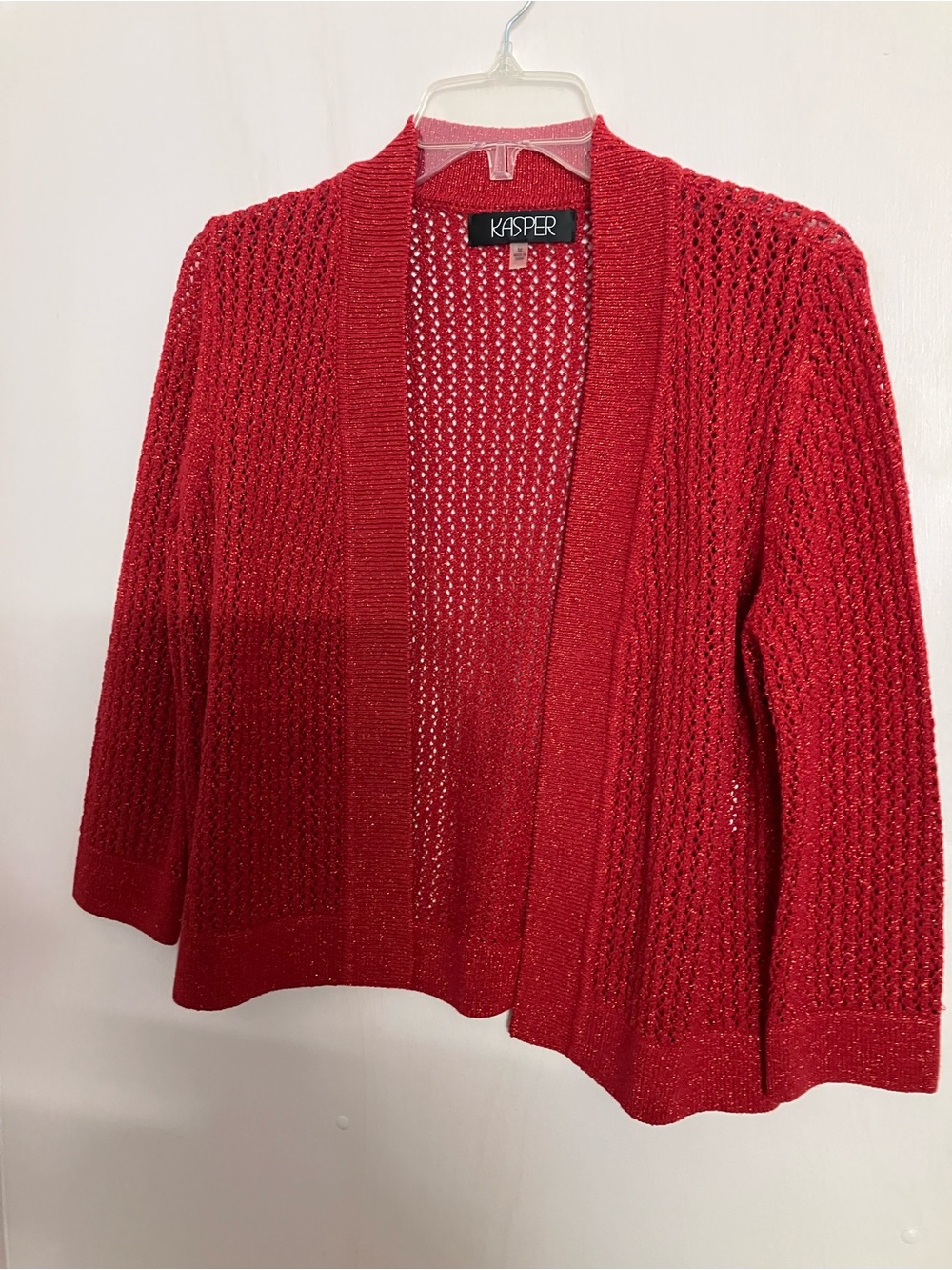 Women’s Open Front Cardigan, Medium, Red w Metallic Red Threading, Kasper